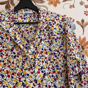 Vintage Adamo Womens M/L Maximalist Floral Print White Purple Res Button Blouse